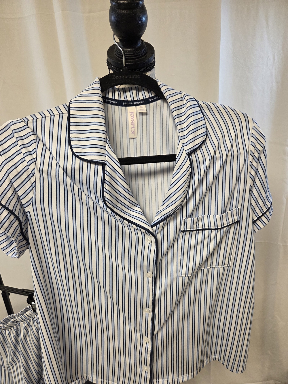 Womens White and Blue Striped Short Sleeve Pajama Set